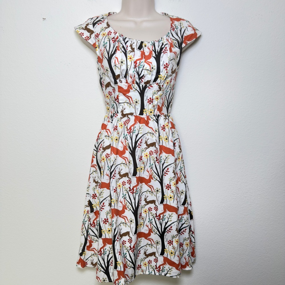NEW Retrolicious Milkmaid Women Dress XS Deer Trees‎ Floral Square Neck Cottage